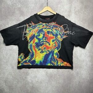 Rare Peace M Thermal Jesus Graphic Crop Tee Rhinestone Boxy Oversized Fit Black